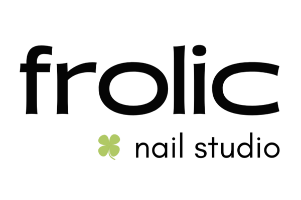 Logo of frolic nail studio with a black 'frolic' text and a green clover-like symbol on a white background.